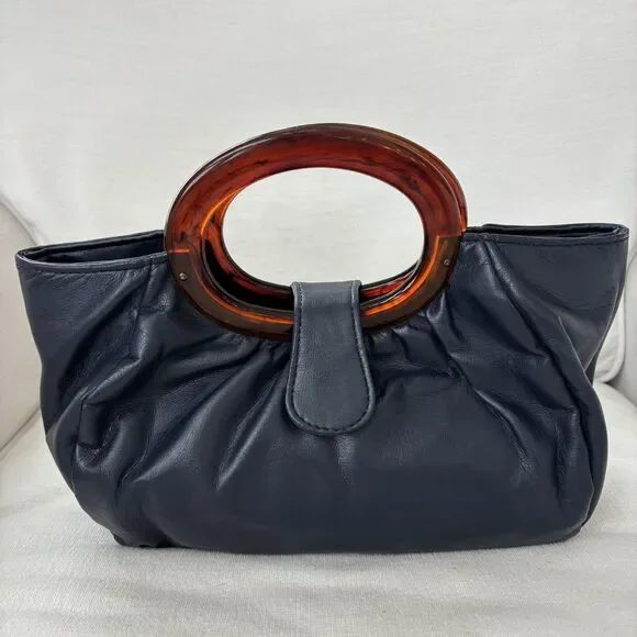 Vintage JR Florida USA Navy Blue Handbag Purse Bakelite Handles MCM Mod 50s 60s - Picture 7 of 15